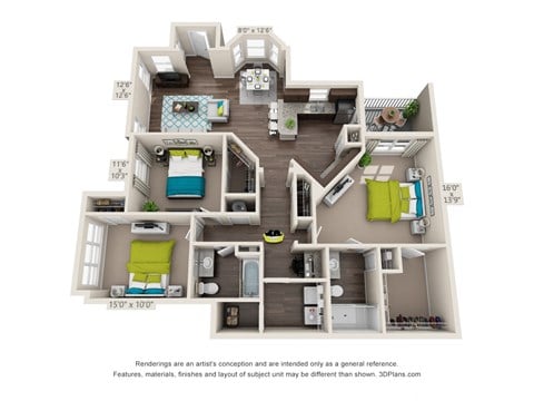 Floor plan for 3 beds, 2 baths, 1429 sqft